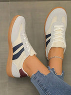 Womens Pink Casual Flat Sneakers With White Stripes Comfortable Lace-Up Shoes For Spring Summer