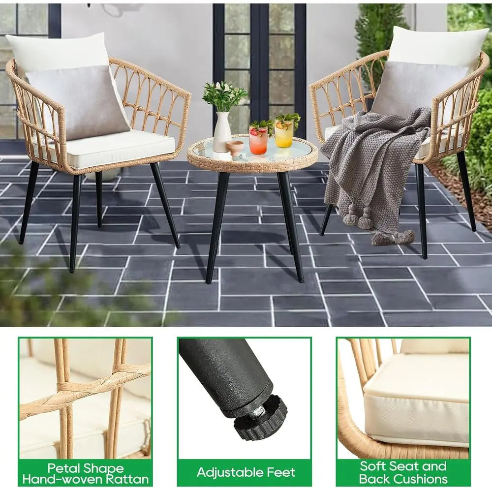 3 Piece Patio Bistro Set, Outdoor Wicker Balcony urniture Sets | Rattan Table and Chairs Set o 2 or Porch Backyard Lawn Poolside