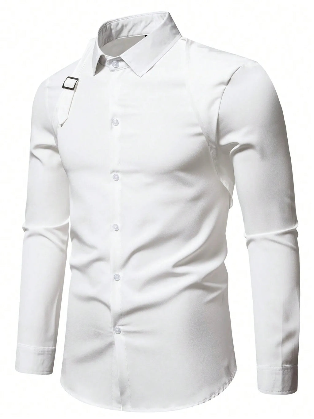 Men's Solid White Long Sleeve Shirt with Strap Detail, Slim Fit for Office or Casual Wear