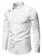 Men's Solid White Long Sleeve Shirt with Strap Detail, Slim Fit for Office or Casual Wear