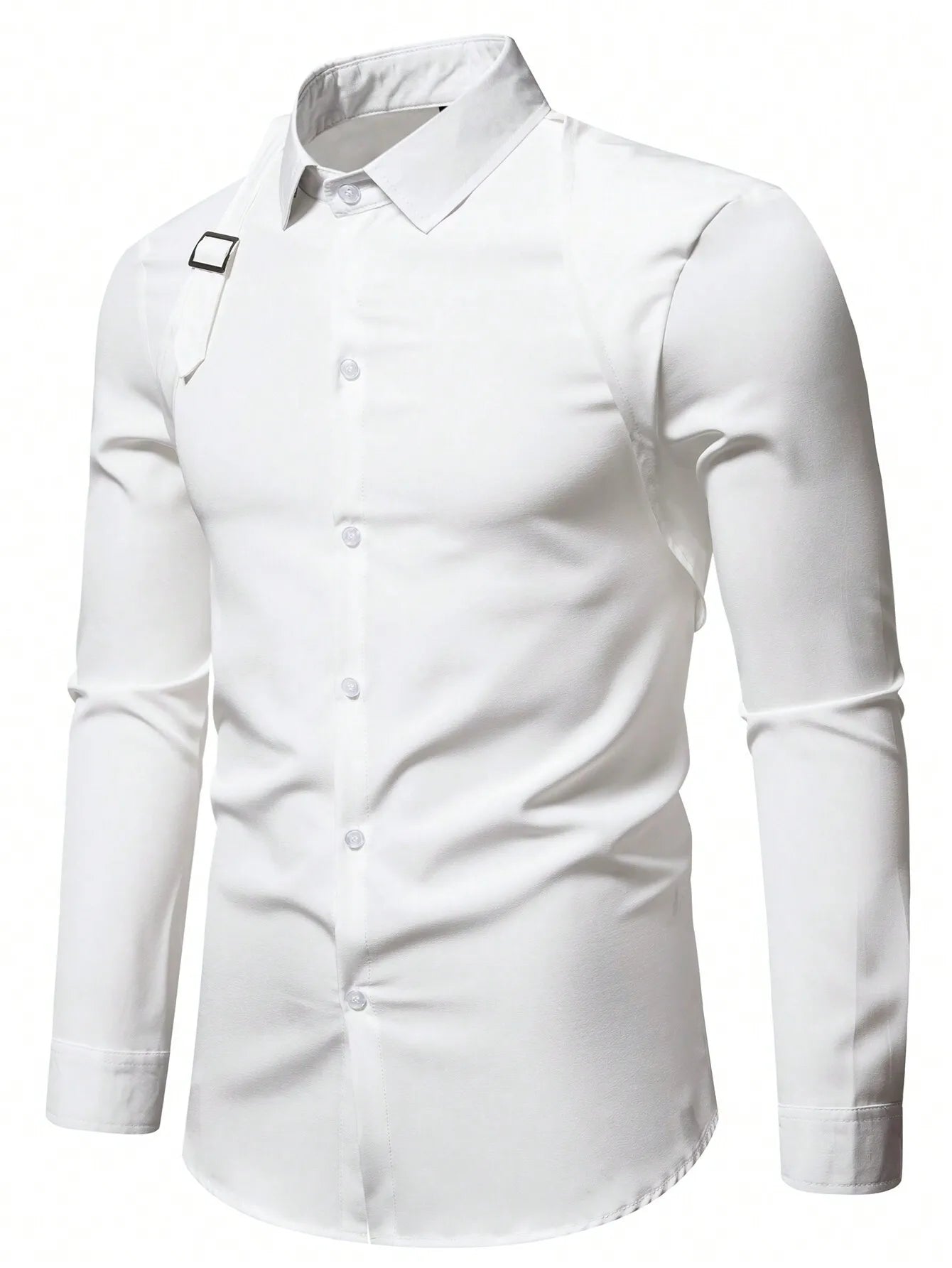 Men's Solid White Long Sleeve Shirt with Strap Detail, Slim Fit for Office or Casual Wear
