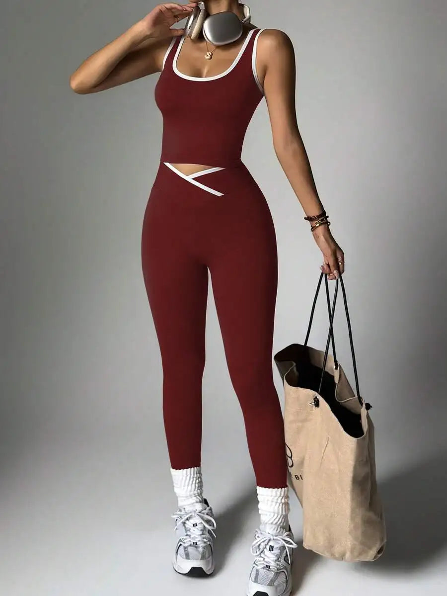 Women's High-Waisted Yoga & Fitness Set - Colorblocked Athletic Top And Leggings, Stretchy Polyester Blend, Perfect For Running