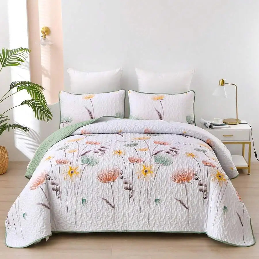 3 Pieces  Yellow Flower Quilt Set Twin Full Queen King Size, Paisley Patchwork Plaid Bedspread Bedding Sets  Coverlet Set.