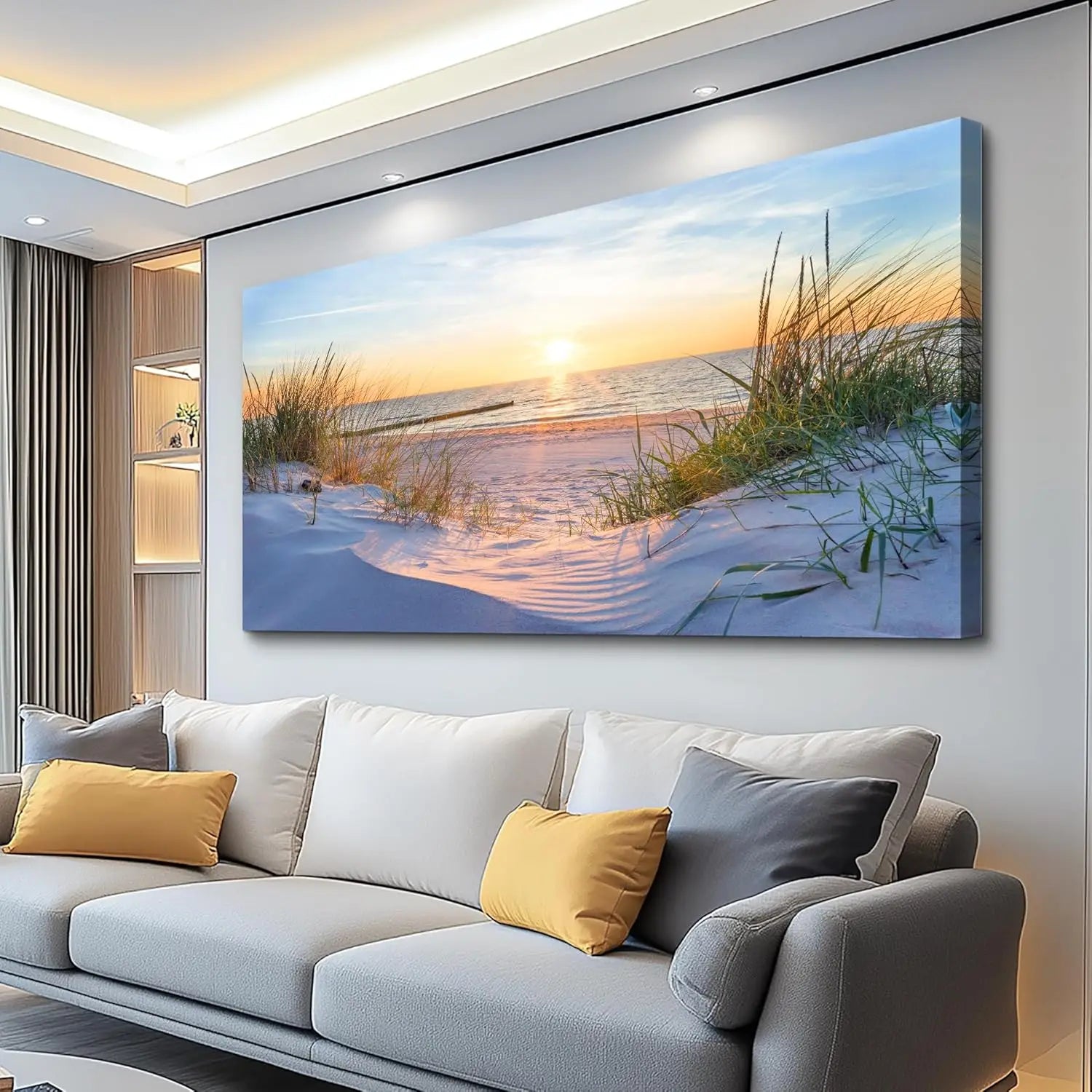 Framed Blue Ocean Beach Sunset Grass Landscape Canvas Wall Art Prints Extra Large, Coastal Seascape Wall Decor for Living Room Bedroom Office Indoor Home Display