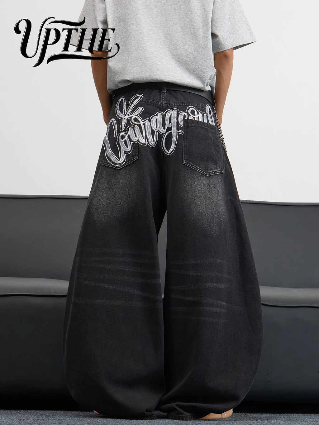 UP.THE Men's Black Baggy Wide Leg Jeans, Y2K Hip Hop Streetwear Denim Pants with Back Embroidery, Oversized Loose Skater Jeans for Street Activities