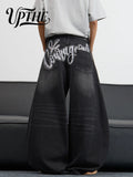 UP.THE Men's Black Baggy Wide Leg Jeans, Y2K Hip Hop Streetwear Denim Pants with Back Embroidery, Oversized Loose Skater Jeans for Street Activities