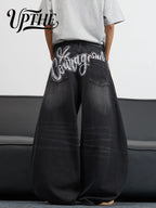 UP.THE Men's Black Baggy Wide Leg Jeans, Y2K Hip Hop Streetwear Denim Pants with Back Embroidery, Oversized Loose Skater Jeans for Street Activities