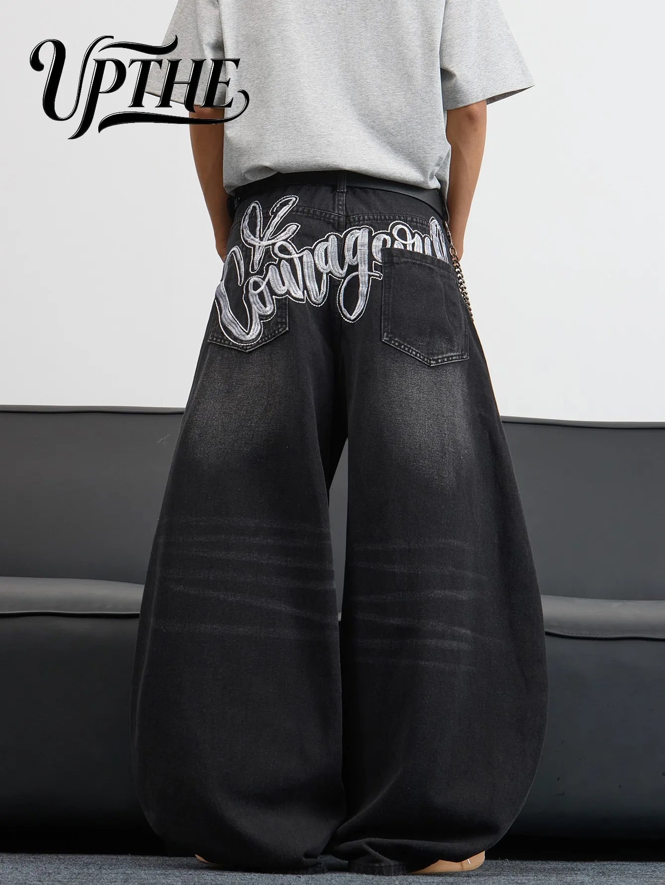 UP.THE Men's Black Baggy Wide Leg Jeans, Y2K Hip Hop Streetwear Denim Pants with Back Embroidery, Oversized Loose Skater Jeans for Street Activities