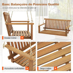 2-Seat Acacia Wood Porch Swing Bench with 2 Hanging Hemp Ropes