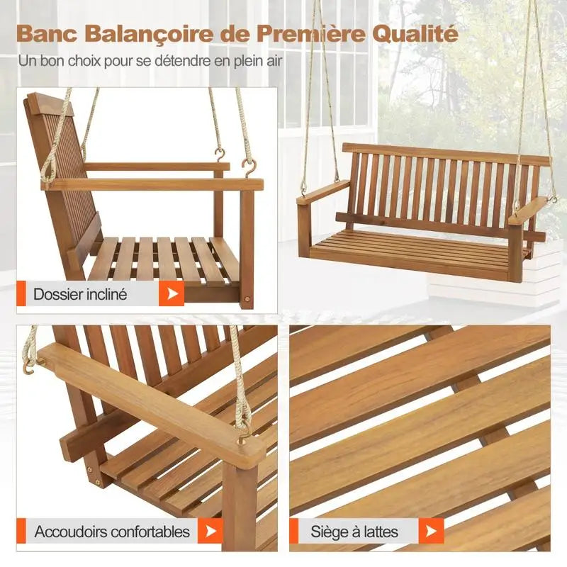2-Seat Acacia Wood Porch Swing Bench with 2 Hanging Hemp Ropes