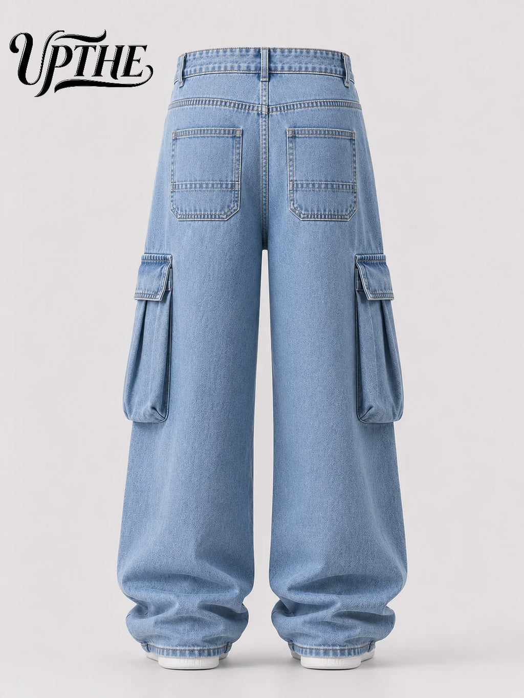 UP.THE Men Light Wash Cargo Baggy Wide Leg Jeans, Y2K Oversized Loose Denim Pants, Multi Pocket Streetwear Trousers for Daily Outfits