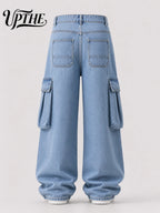 UP.THE Men Light Wash Cargo Baggy Wide Leg Jeans, Y2K Oversized Loose Denim Pants, Multi Pocket Streetwear Trousers for Daily Outfits