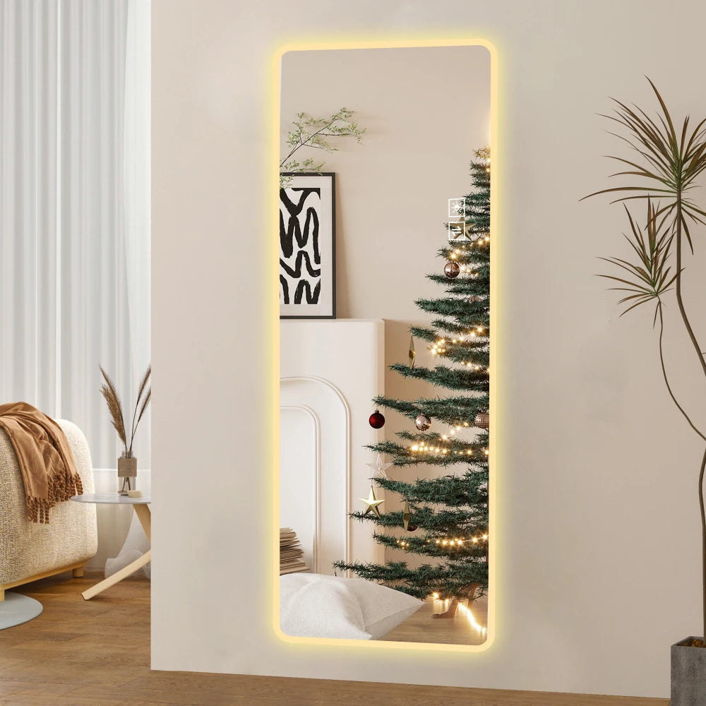 LED Lighted Full Length Vanity Mirror with Rounded Corners, Large Wall Mounted Body Mirror, Illuminated Dressing Mirror for Bedroom Living Room Dressing Room Hotel Decor
