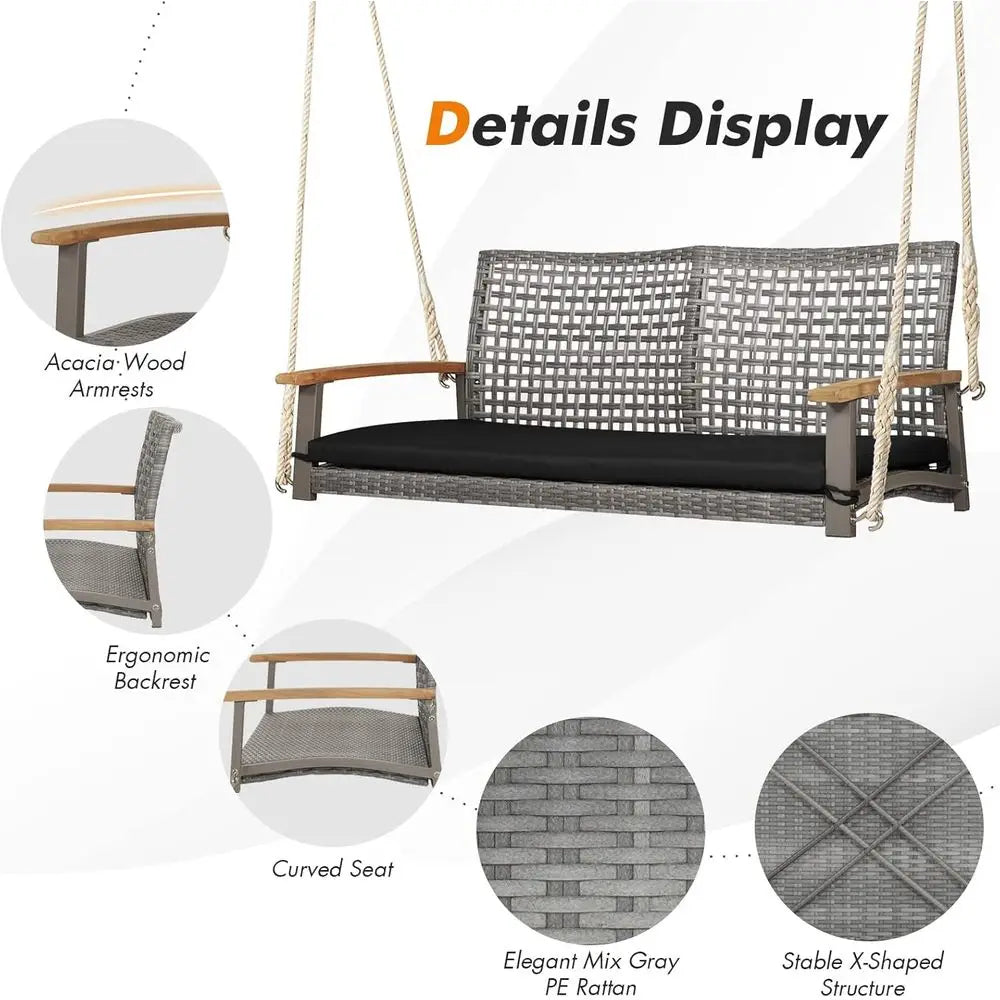 Outdoor 2-Person Porch Swing with Cushion and Ropes, Durable PE Rattan, Up to 800 lbs, Ideal for Patio, Garden (Black)