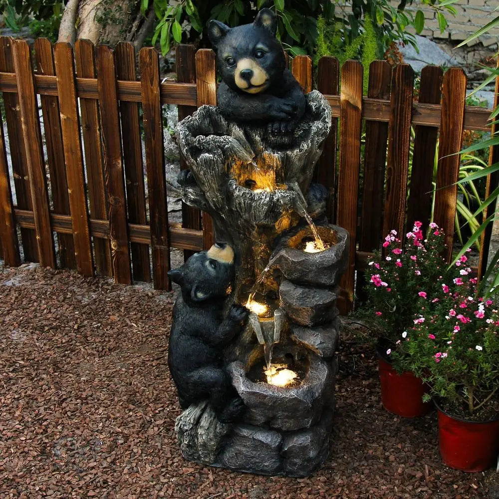 5-Level Outdoor Mountain-Themed Black Bear Climbing Tree Fountain for Garden, Patio, and Deck Relaxation