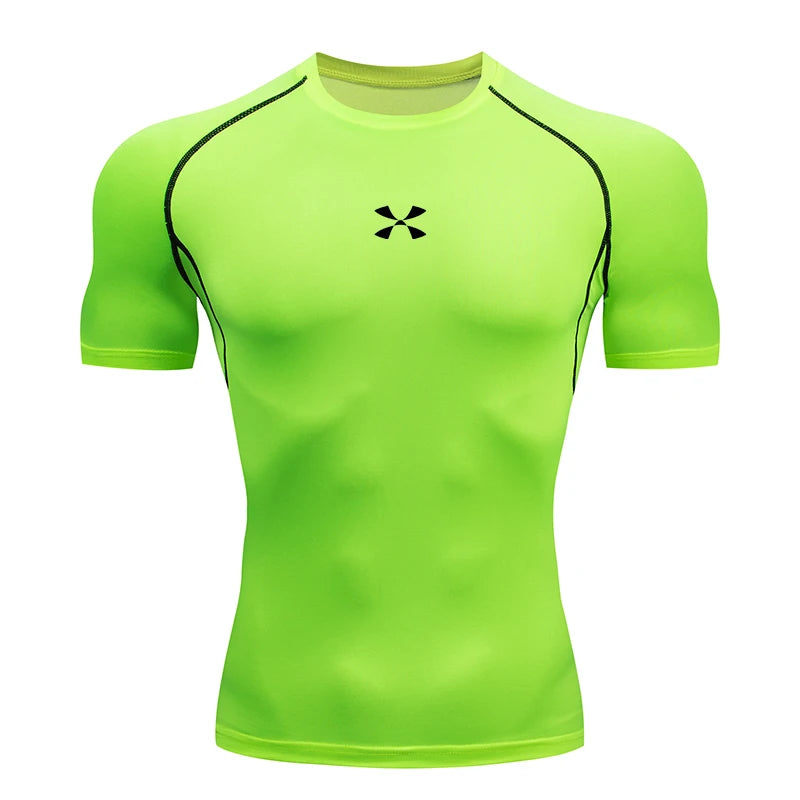 Summer Men Athletic Compression Short Sleeve Running T Shirt Elastic Polyester Quick Dry Gym Workout Fitness Top