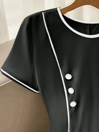 Elegant Black White Piping Short Sleeve Round Neck Button Decor Flared Dress Formal Work Wear