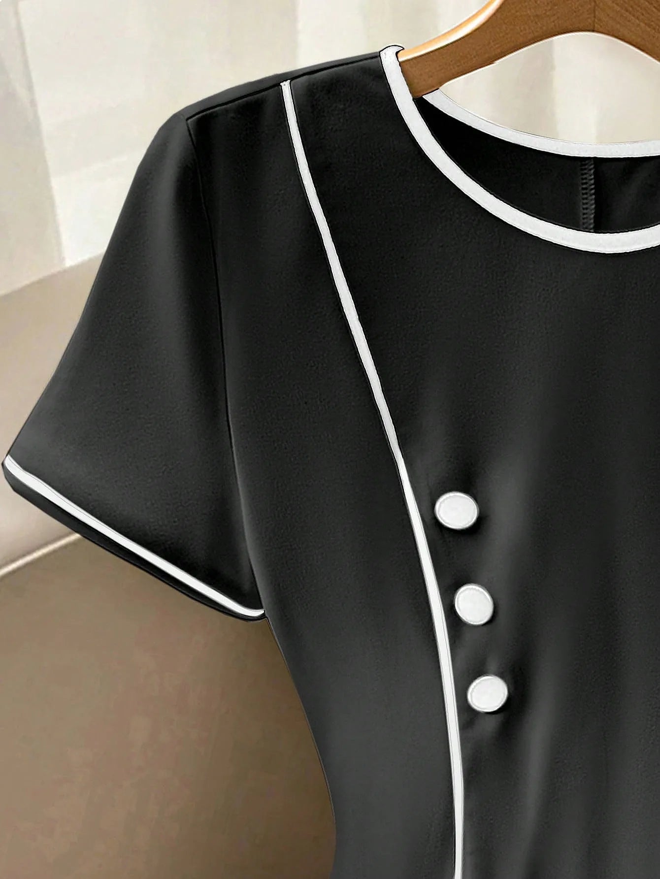 Elegant Black White Piping Short Sleeve Round Neck Button Decor Flared Dress Formal Work Wear