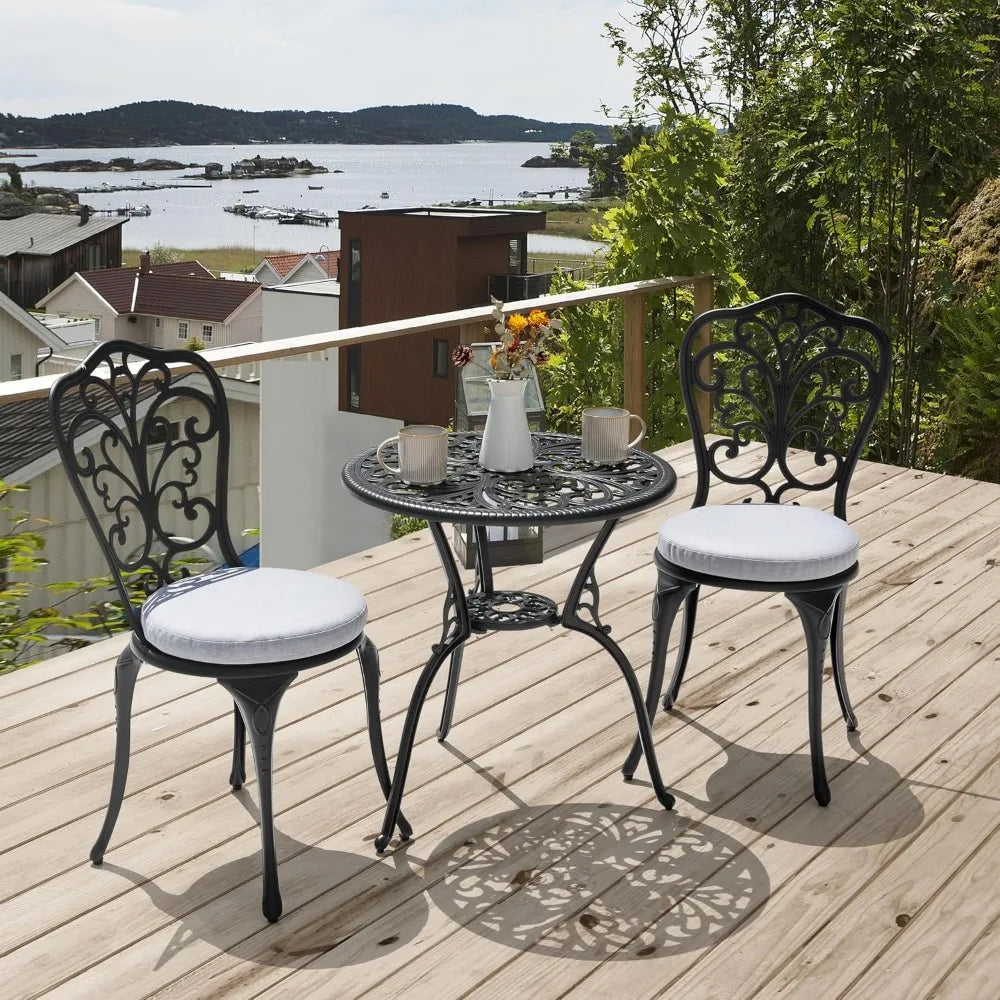 All Weather Cast Aluminum Bistro Set, Patio Table & Chairs, Umbrella Hole, Suitable for Yard, Garden, Balcony, Black