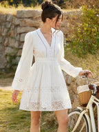 White V-Neck Long Sleeve Lace Dress A-Line Mini Elegant Bohemian Style Spring Autumn