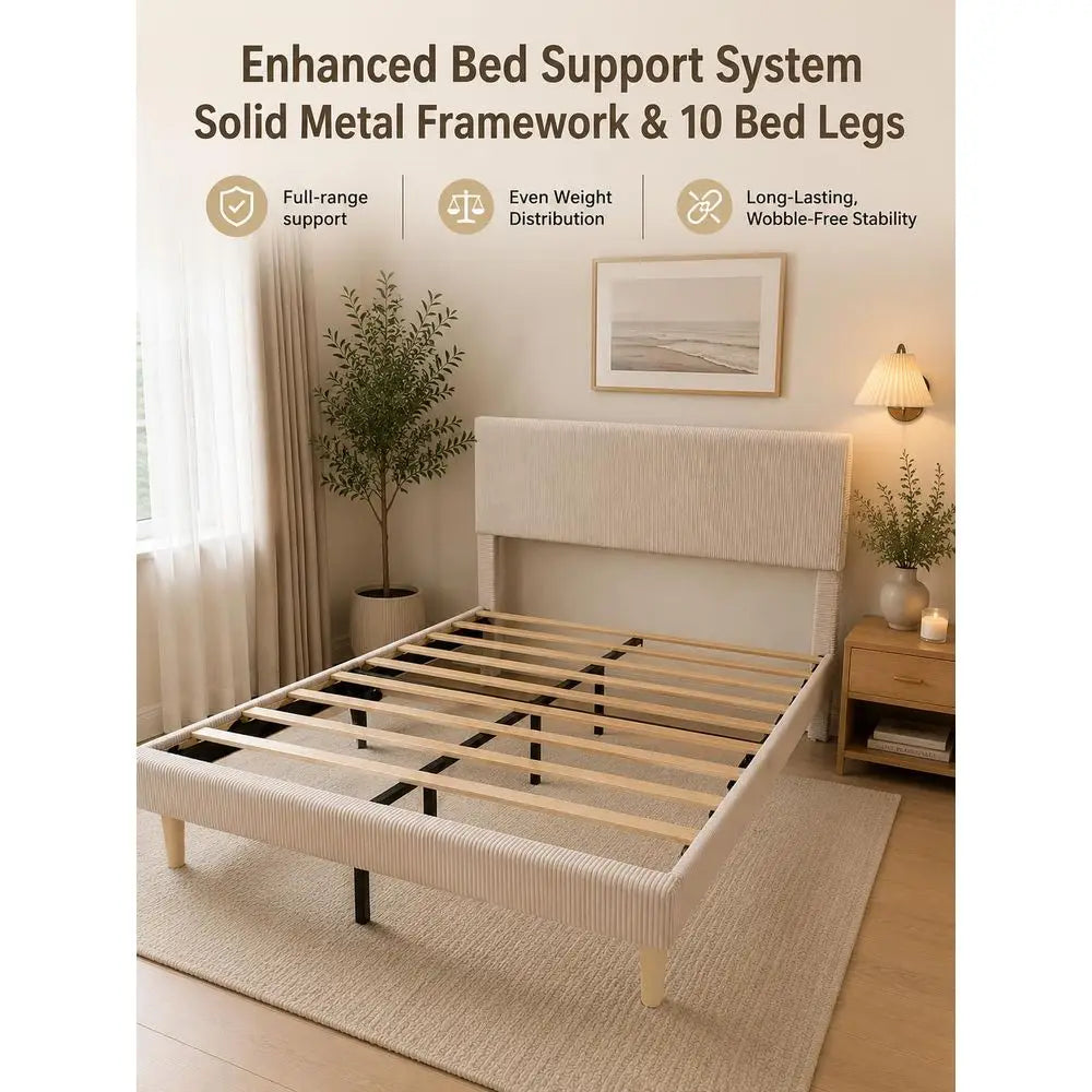 Queen Bed Frame with Headboard LED Lighting,Upholstered,Beige Easy Assembly,LED Lighting Headboard,No Squeaks,Vertical Channel