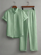 Mens Summer Solid Color Short Sleeve Stand Collar Shirt And Elastic Drawstring Pants Casual Co-ords Set