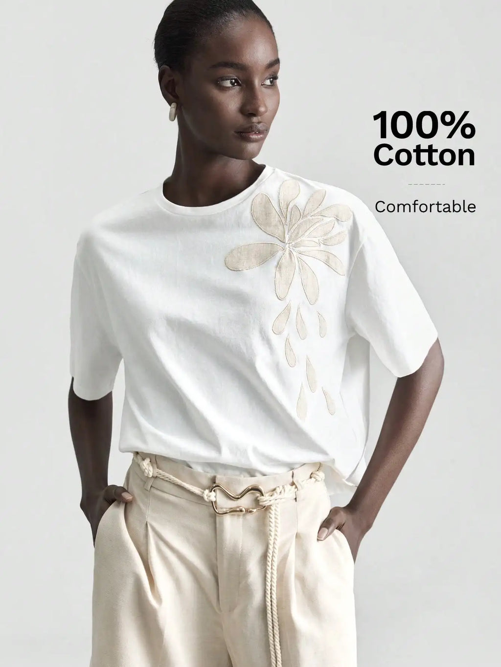 White Embroidered Floral Tee Short Sleeve Crew Neck Loose Comfortable Cotton T-Shirt