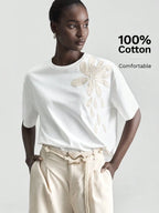 White Embroidered Floral Tee Short Sleeve Crew Neck Loose Comfortable Cotton T-Shirt