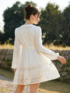 White V-Neck Long Sleeve Lace Dress A-Line Mini Elegant Bohemian Style Spring Autumn