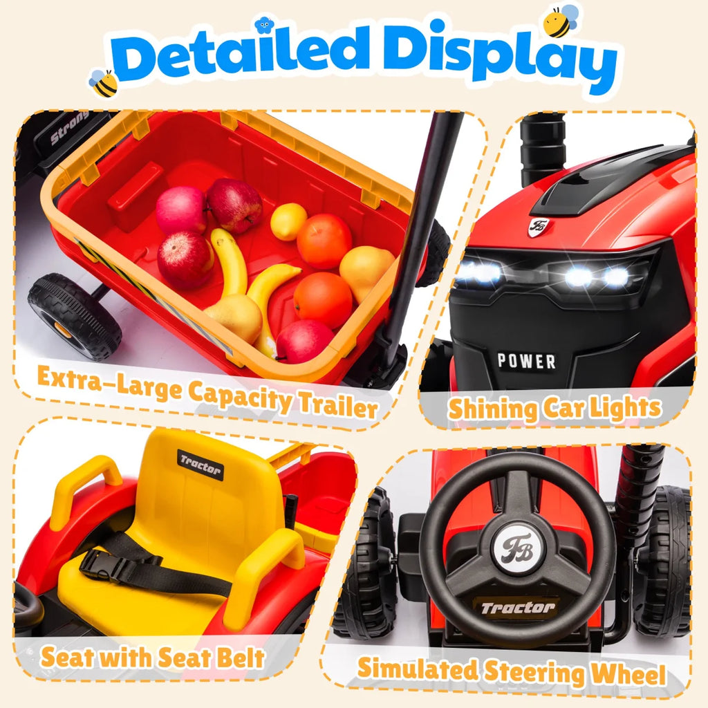 12V Kids Electric Ride On Tractor With Removable Trailer, Remote Control & Manual Drive 2 Modes, Bluetooth Music LED Light, Children Farm Ride‑on Car Toy Gift for Kids Boys Girls