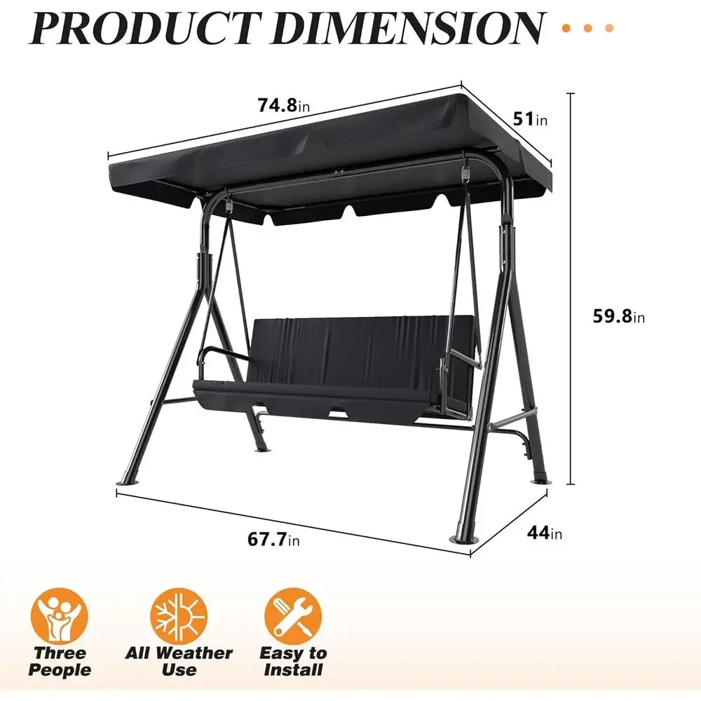 Durable Adjustable 3-Seat Patio Swing Chair for Outdoor Porch, Garden, and Poolside (Black)