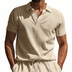 Men White Textured Linen Short Sleeve Polo Shirt Classic Lapel Collar 3 Wooden Buttons Loose Oversized Breathable Summer Beach Vacation Casual Holiday Top