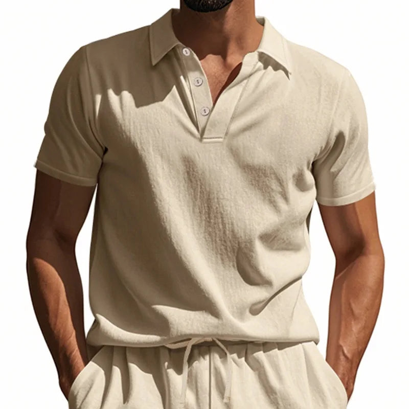 Men White Textured Linen Short Sleeve Polo Shirt Classic Lapel Collar 3 Wooden Buttons Loose Oversized Breathable Summer Beach Vacation Casual Holiday Top