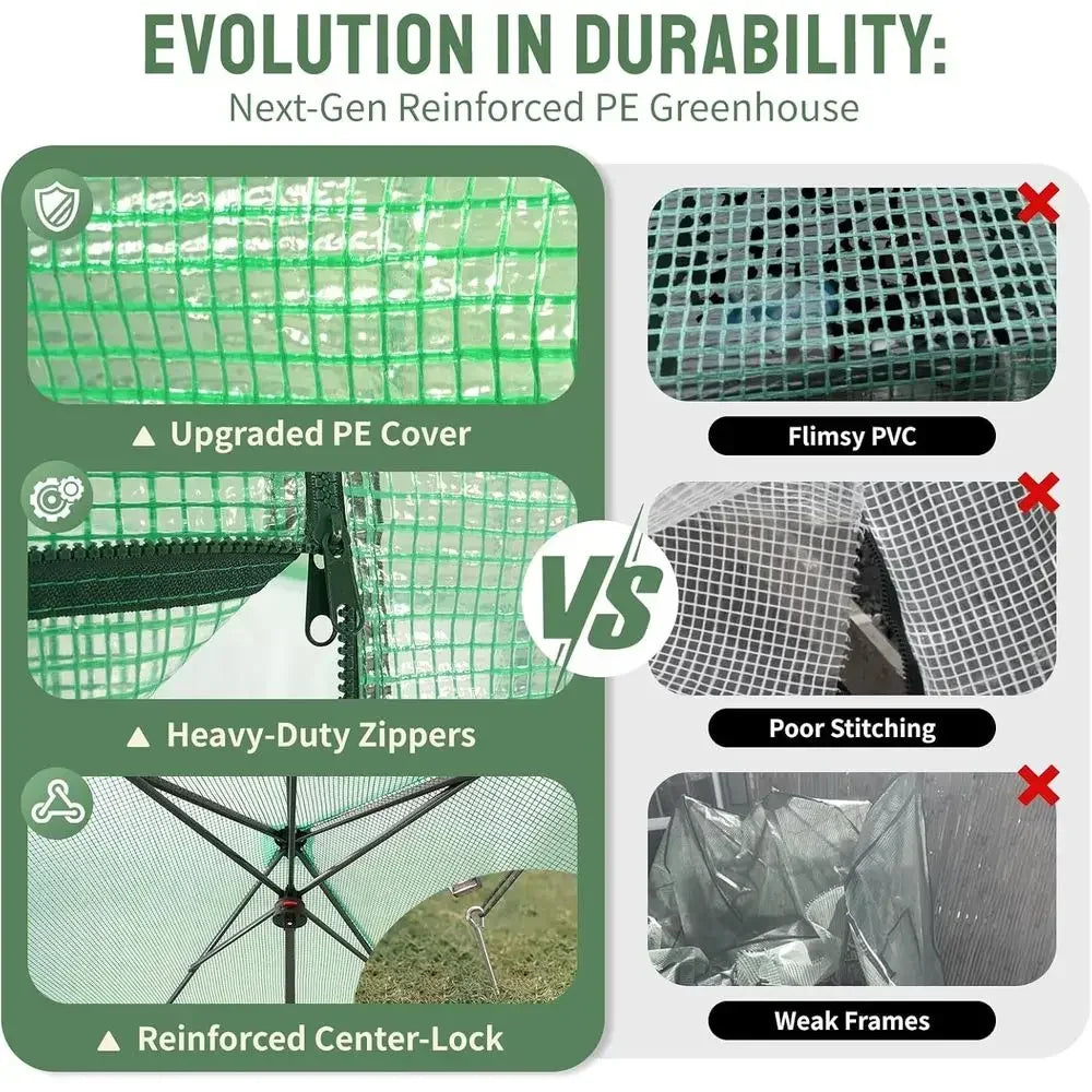 6x8ft Portable Outdoor Greenhouse Kit with Roll-Up Door, Adjustable Height, Mesh Windows, and Center Lock