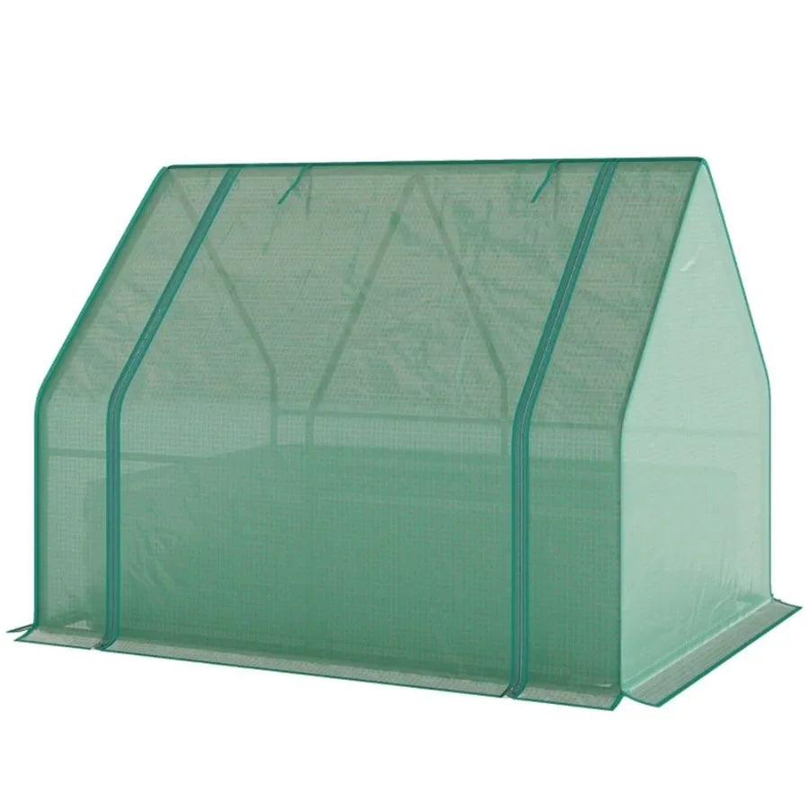 Mini greenhouse for garden bed use, green and dark gray colored durable plastic construction with UV protection and ventilation