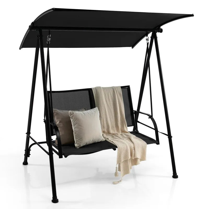 2-Seat Patio Swing Porch Swing w/ Adjustable Canopy for Garden Black Outdoor Furniture