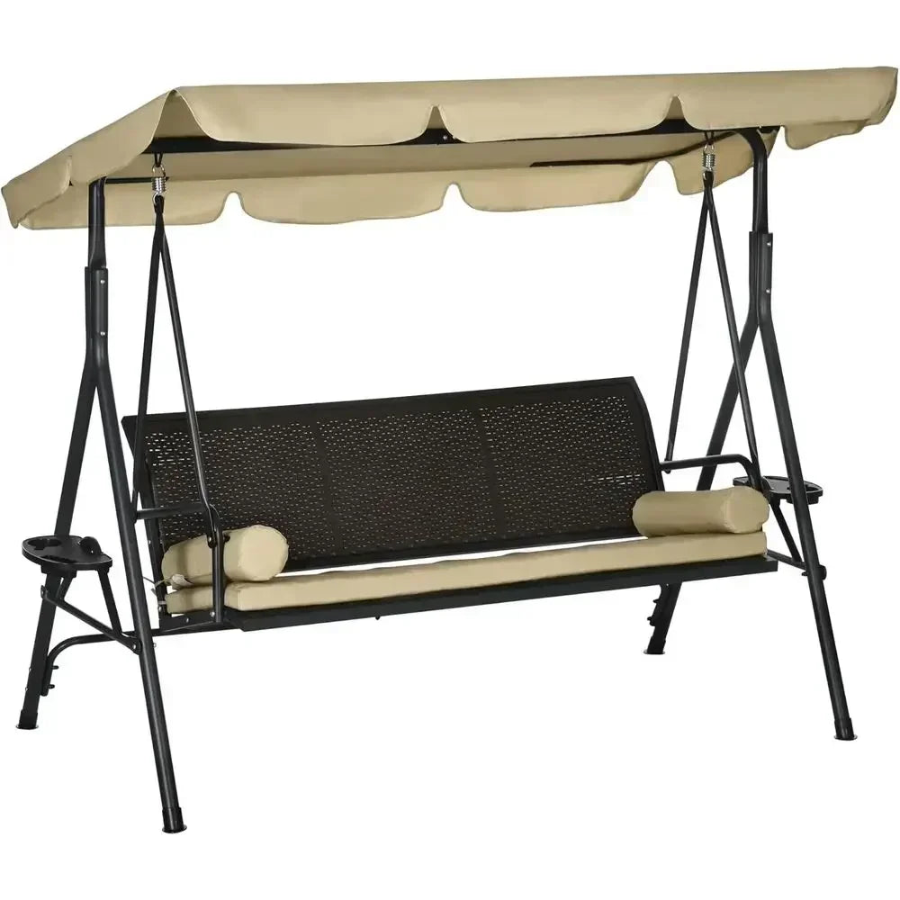 3-Seat Outdoor Swing with Adjustable Shade, Removable Cushion, and Rattan Seat for Garden, Porch, Backyard, Poolside