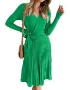 Womens Long Sleeve Wrap V Neck Ribbed Knit Pleated A-Line Sweater Dress With Belt