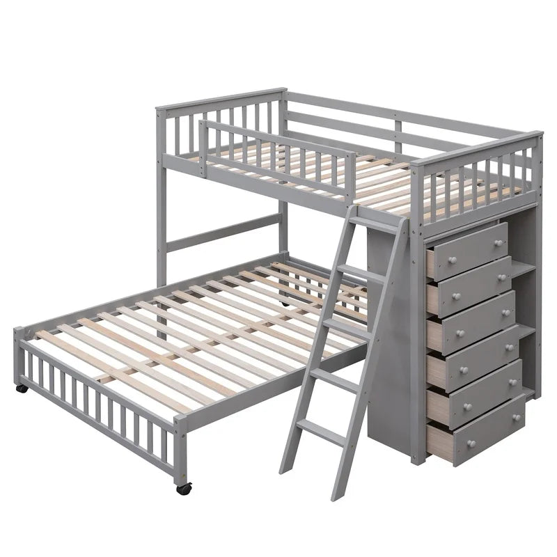 Gray Wooden Twin Over Full Bunk Bed with 6 Drawers and Adjustable Shelves, Bottom Bed on Wheels