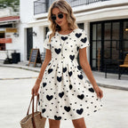 Pocket A-line Midi Dress European American Women Dress Short Sleeve Round Neck Off White Heart Print Casual Spring Summer Outfit