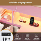 Twin Bed with Desk, Charging Station, Bookcase, and LED Lights for Girls - Storage Daybed, No Box Spring Needed