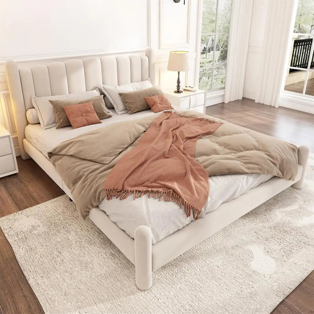King Size Velvet Upholstered Platform Bed with Tall Headboard Slatted Frame Wingback Design Beige 180x200cm