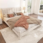 King Size Velvet Upholstered Platform Bed with Tall Headboard Slatted Frame Wingback Design Beige 180x200cm