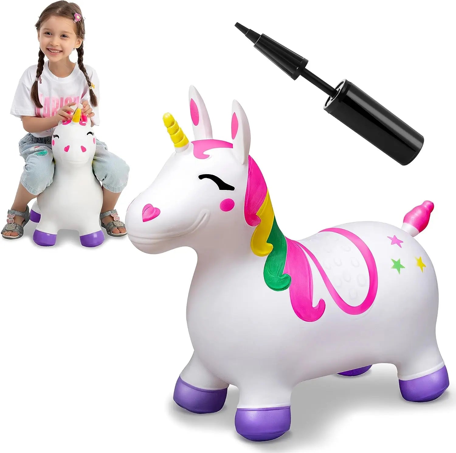 JOYFY Kids Bouncy Unicorn Horse Ride On Toys Bouncer Bouncing Animal Hopper Inflatable Hopping Toy for Birthday Christmas Gifts