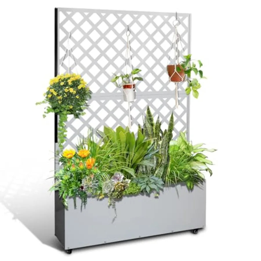 Metal Planter Box with Trellis 73"x47"x12" Raised Garden Bed with Trellis and Wheels Outdoor Garden Box with Privacy Screen and