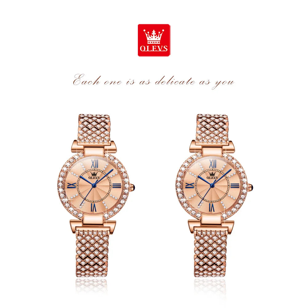 OLEVS 9942 Fashion Quartz Movement Watch For Women Full Of Diamond-set Strap Roman Scale Dial 30m Waterproof Luminous Watch