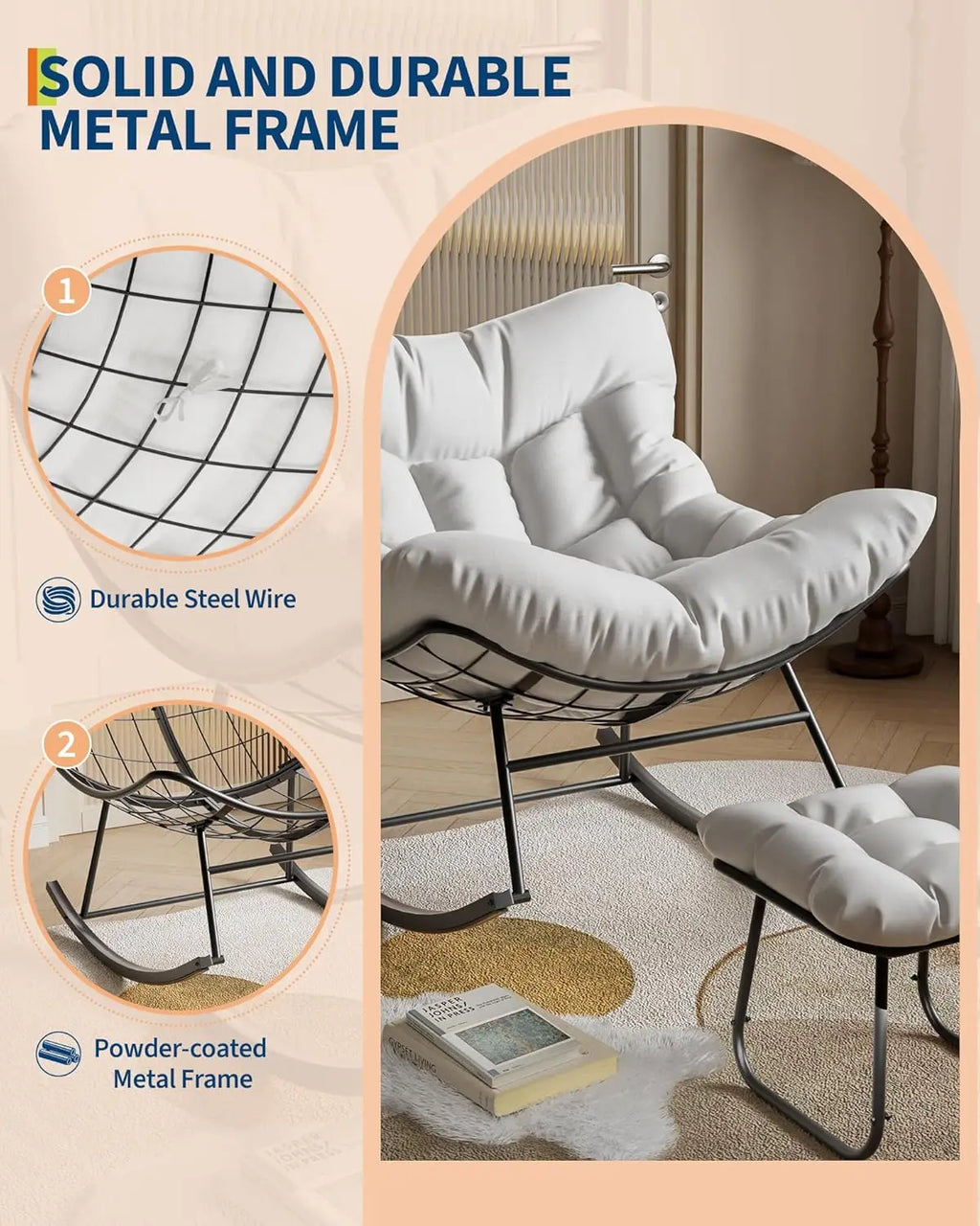 Oversized Papasan Rocking Chair With Footrest, Indoor Outdoor Egg Lounge Rocker, 350LBS Metal Frame For Patio Porch Living Room