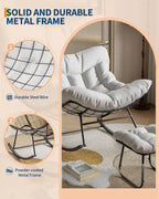 Oversized Papasan Rocking Chair With Footrest, Indoor Outdoor Egg Lounge Rocker, 350LBS Metal Frame For Patio Porch Living Room