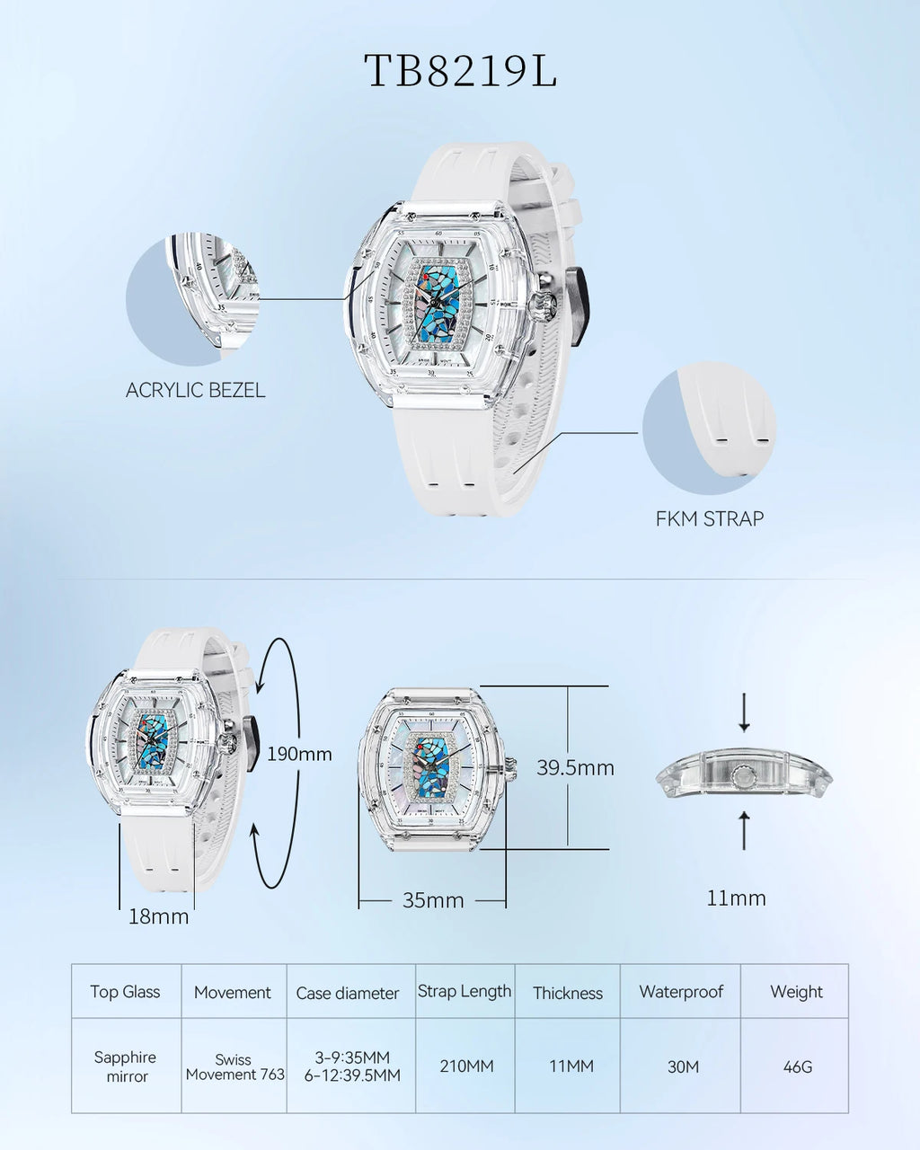 TSAR BOMBA Women’s Quartz Watch, Swiss Movement, Transparent Case, Zircon Dial, Comfortable Strap, Elegant Fashion Wristwatch