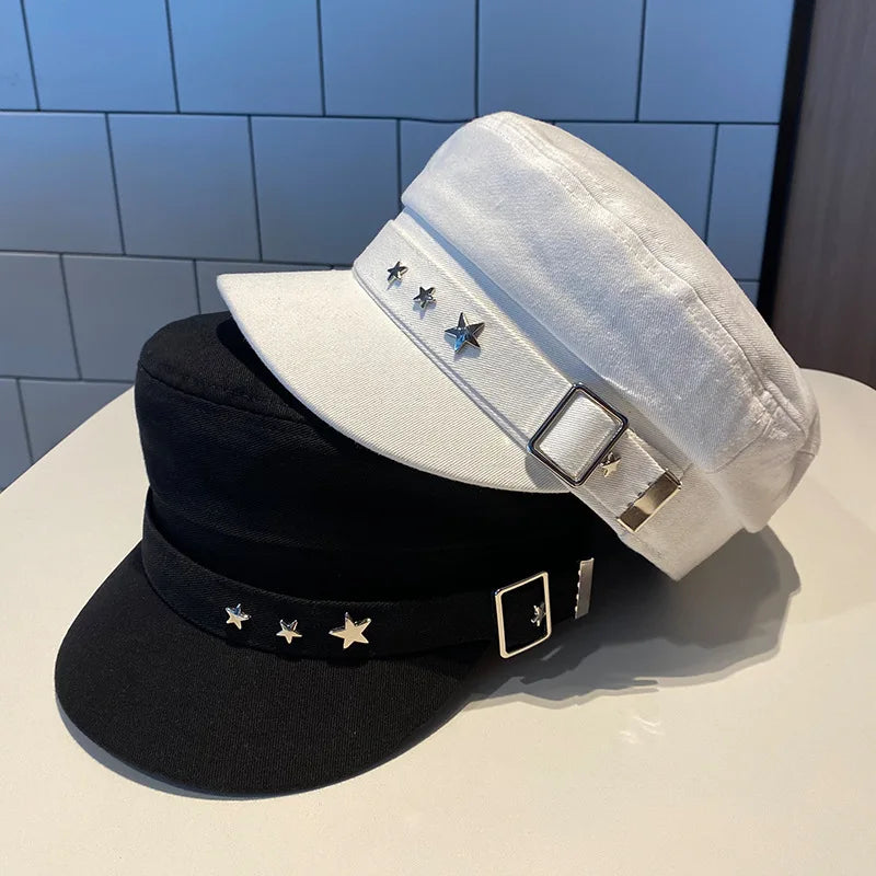 Women's Beret Black Star Hat Spring and Autumn Winter British Retro Fashion New Sea Military Style Korean Caps Mother Hats